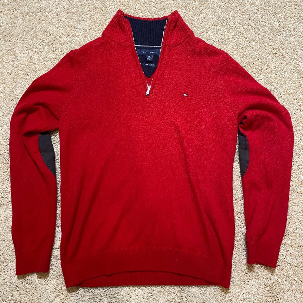 S Tommy Hilfiger Quarter Zip Sweater Lux Cotton Elbow Patches